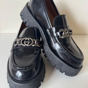 Gucci Black Lug Sole Loafers Chain G Hardware Size 37 Authentic Interlocking